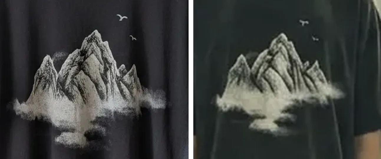 Two close-ups side by side of a mountain print on a black t-shirt: the real shirt on the left, and an AI result on the right with slightly simpler peaks and softer texture